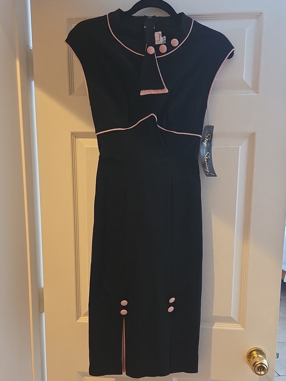 Stop Staring! Black Dress with Pink Trim and Buttons